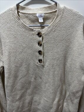 stars above Cream Textured Henley Sweater with Tortoise Buttons